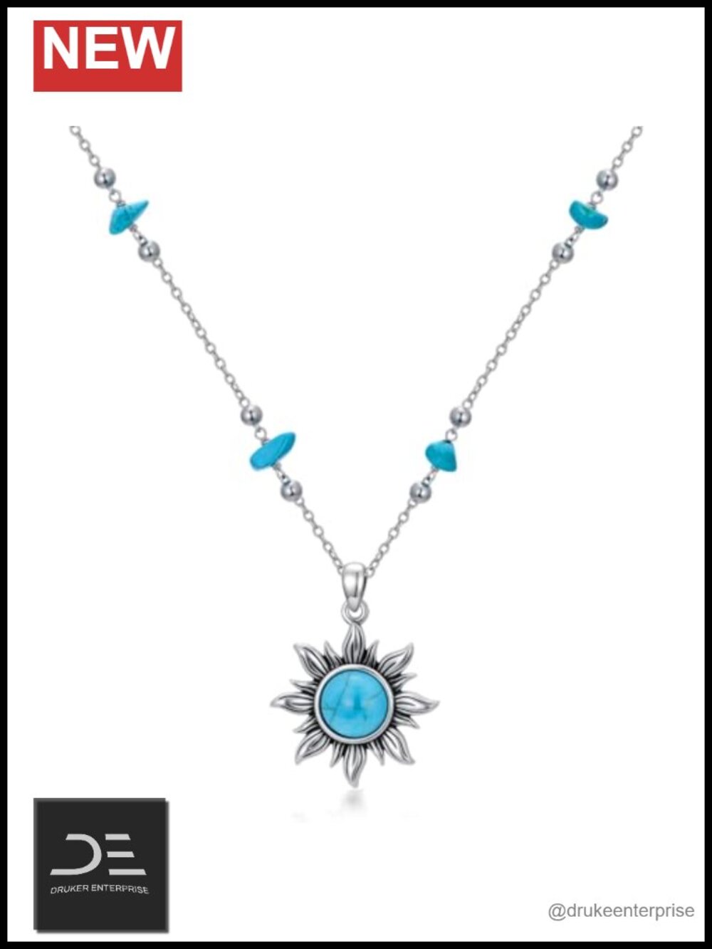 Genuine Turquoise Sun Necklace 925 Sterling Silver Natural Stones Pendant Women